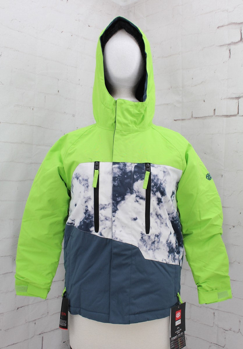 686 Geo Insulated Snowboard Jacket Boys Youth Medium Green Flash Colorblock