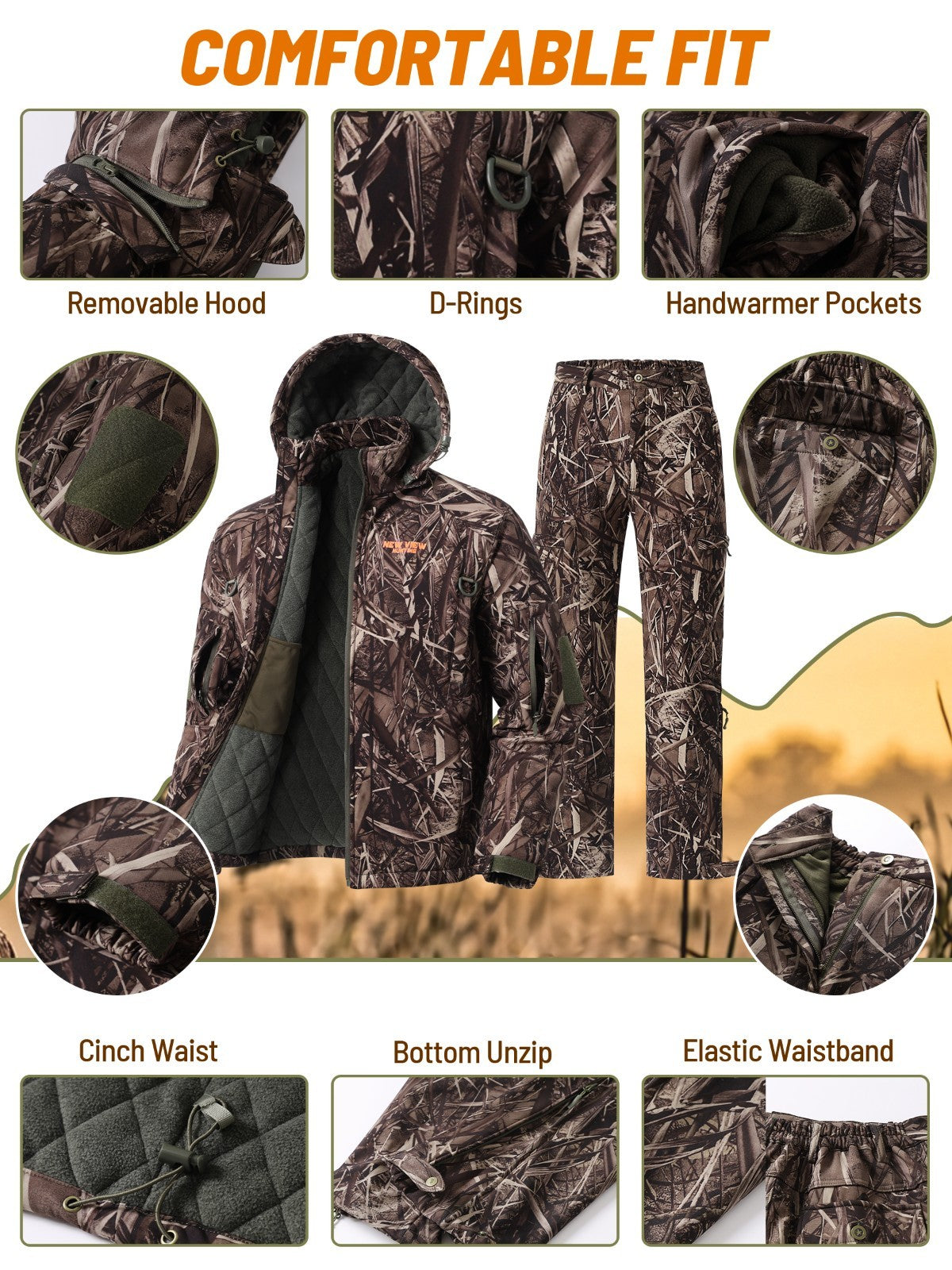 Men's Insulated Camouflage Hunting Suit with Jacket and Pants Set for Cold Weather