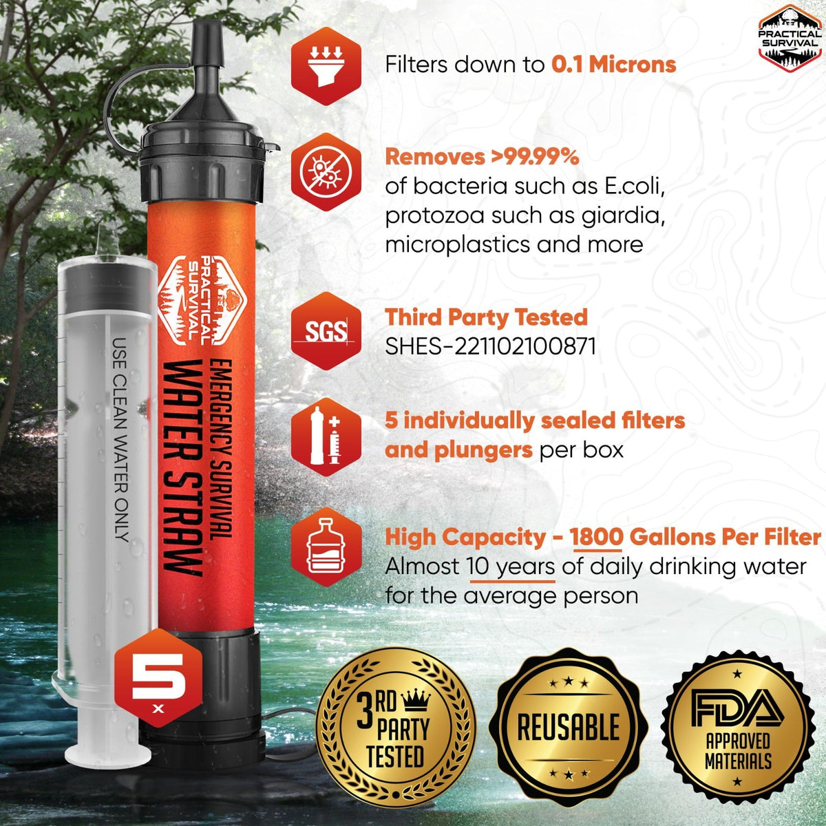 Emergency Water Filter Straws 1800-Gallon Pack for Survival Camping Hiking BPA Free