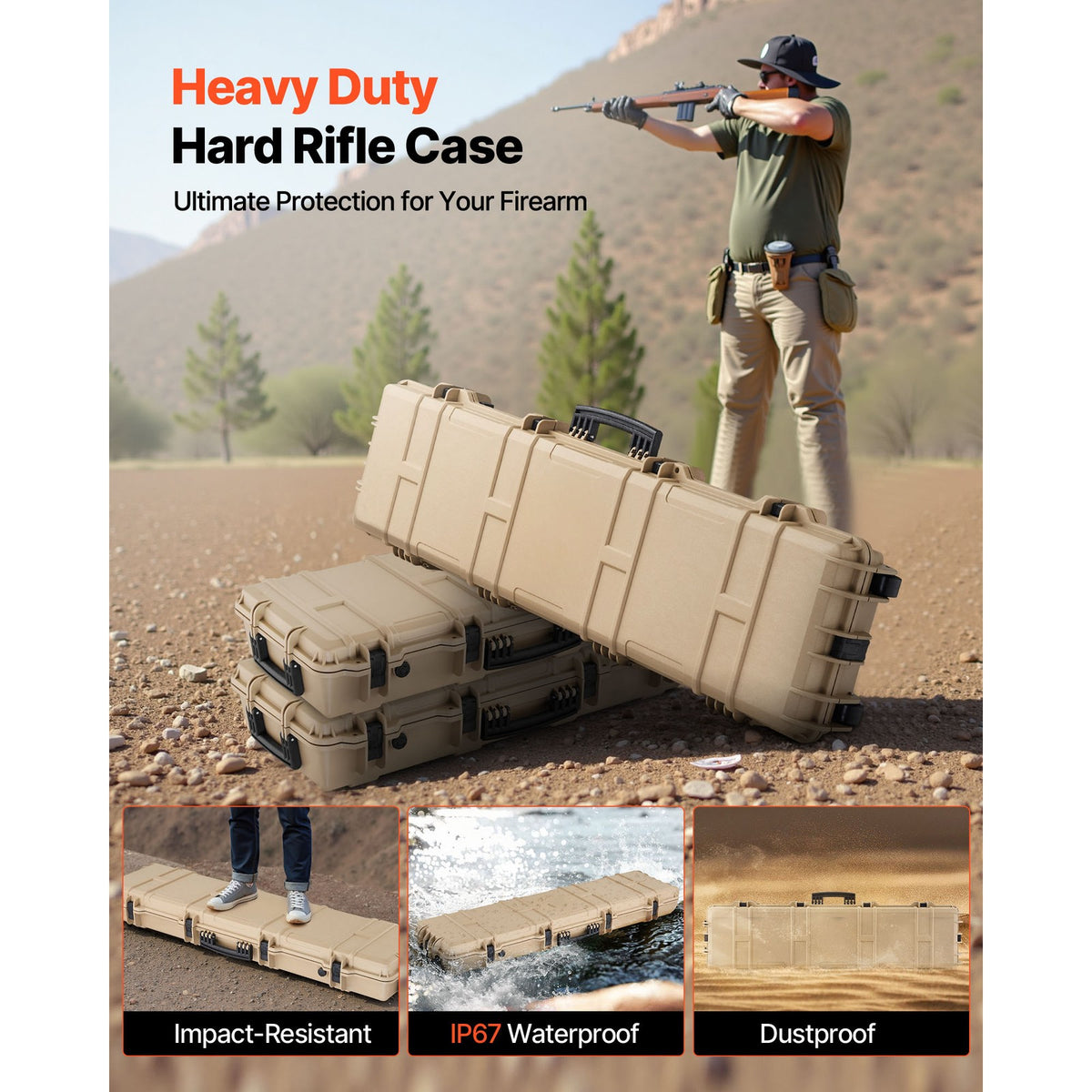 Hard Rifle Case Waterproof Dustproof with Wheels & Locking Points - Khaki