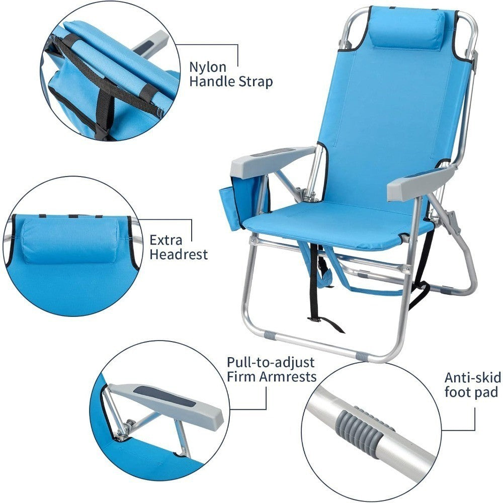 Blue Adjustable Beach Chair with Storage Cooler Pouch - Lightweight Portable Folding Chair