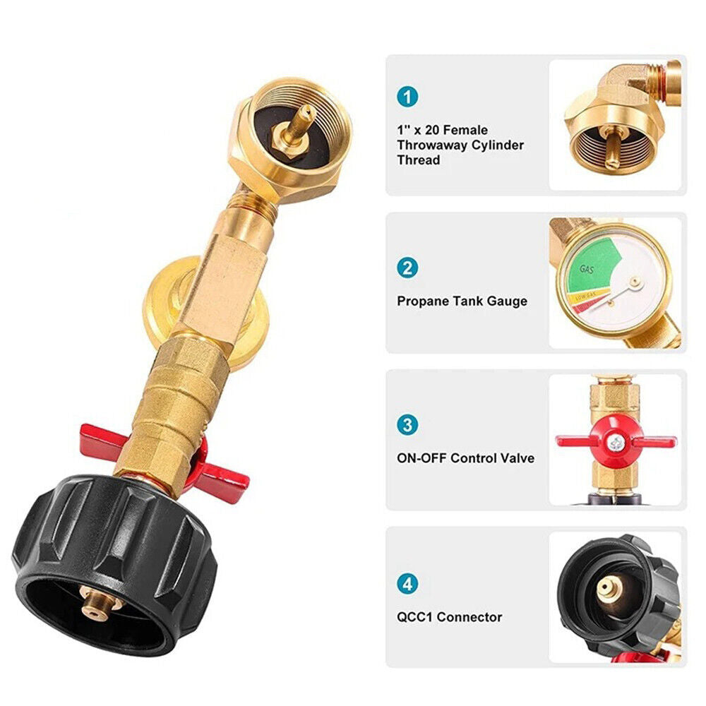 Propane Refill Adapter with Gauge & ON-Off Valve for 1-20Lb Tanks