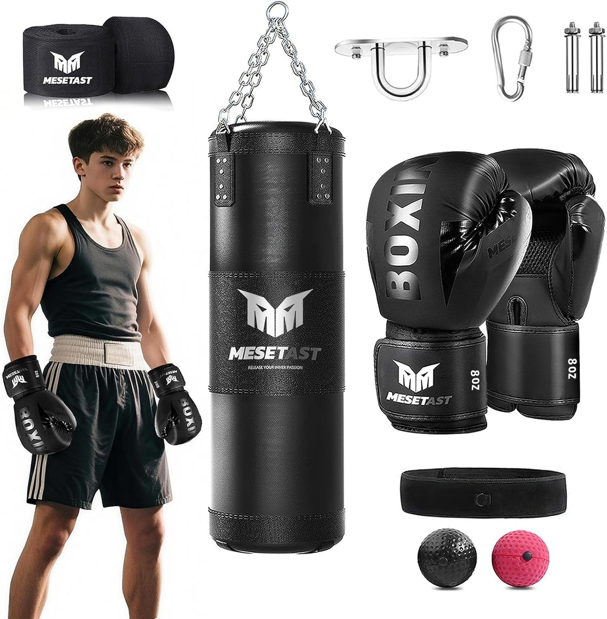 Kids Punching Bag Set with 8 OZ Boxing Gloves - 2.7ft Heavy Bag for Youth Boxing MMA Karate