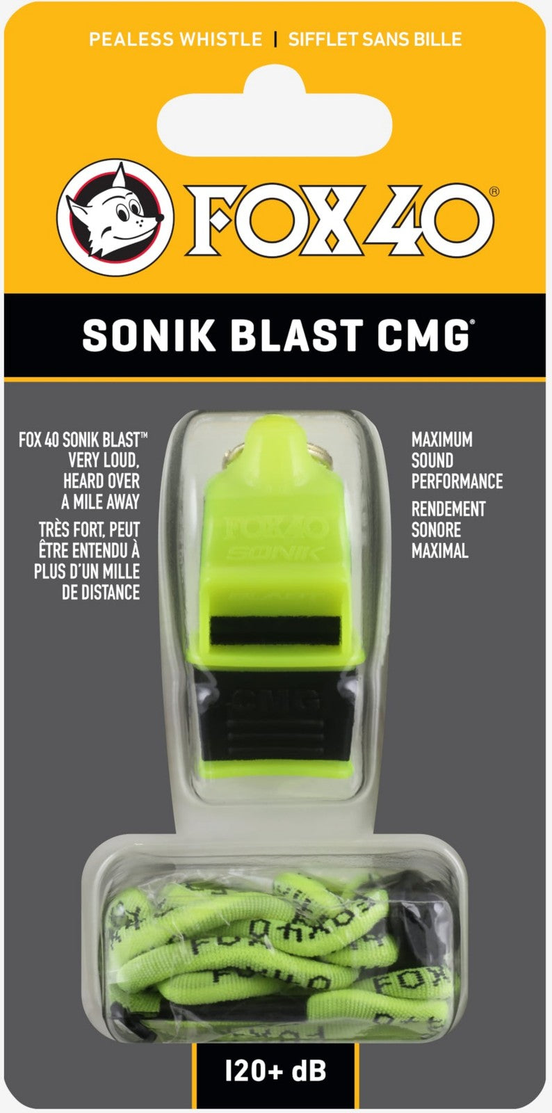 Sport & Safety Whistle with Lanyard - 120 dB Neon/Black Pealess Horn
