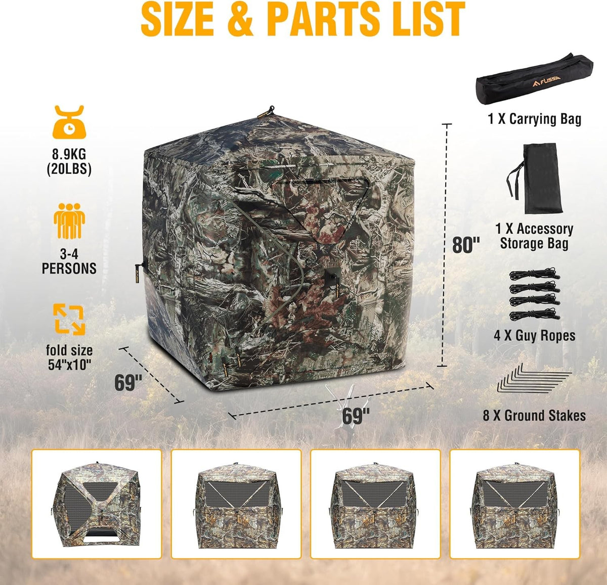 See-Through Hunting Blind for 3-4 Persons with Full-Opening Doors - 270° Visibility