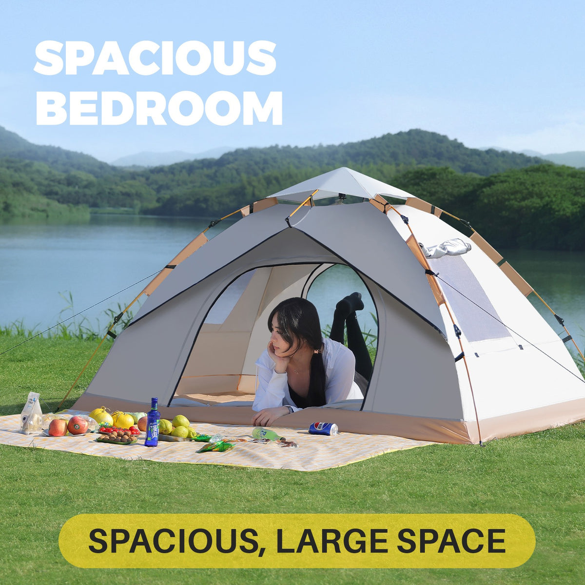 Pop-Up 3-4 Person Camping Tent Beige Waterproof Sun Shelter with Doors & Windows