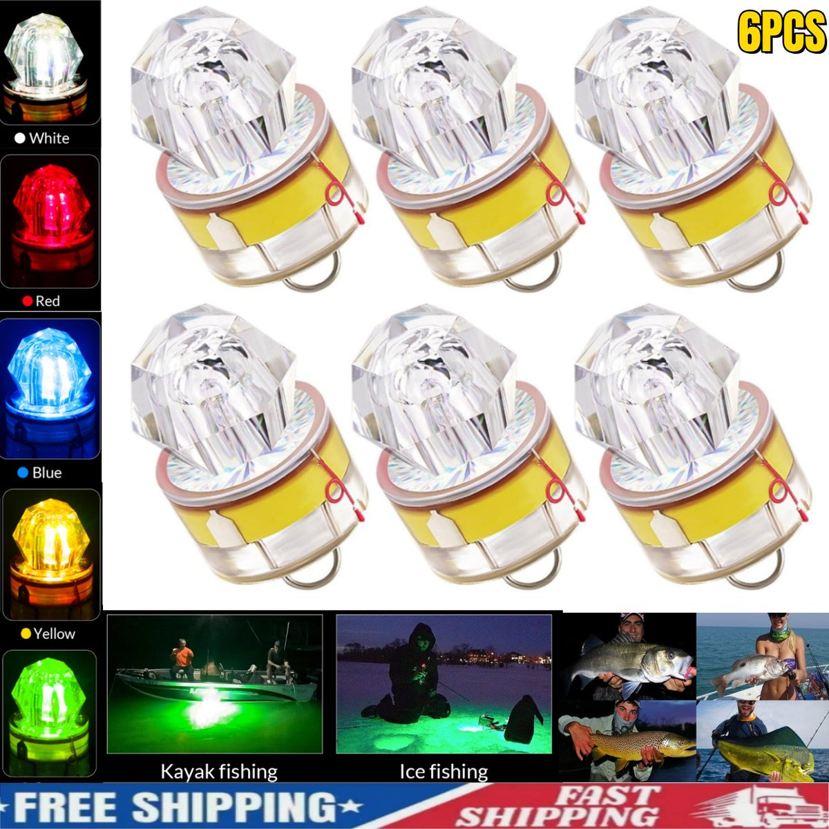 6PCS LED Deep Drop Underwater Fish Lures Water-Activated Flashing Lights