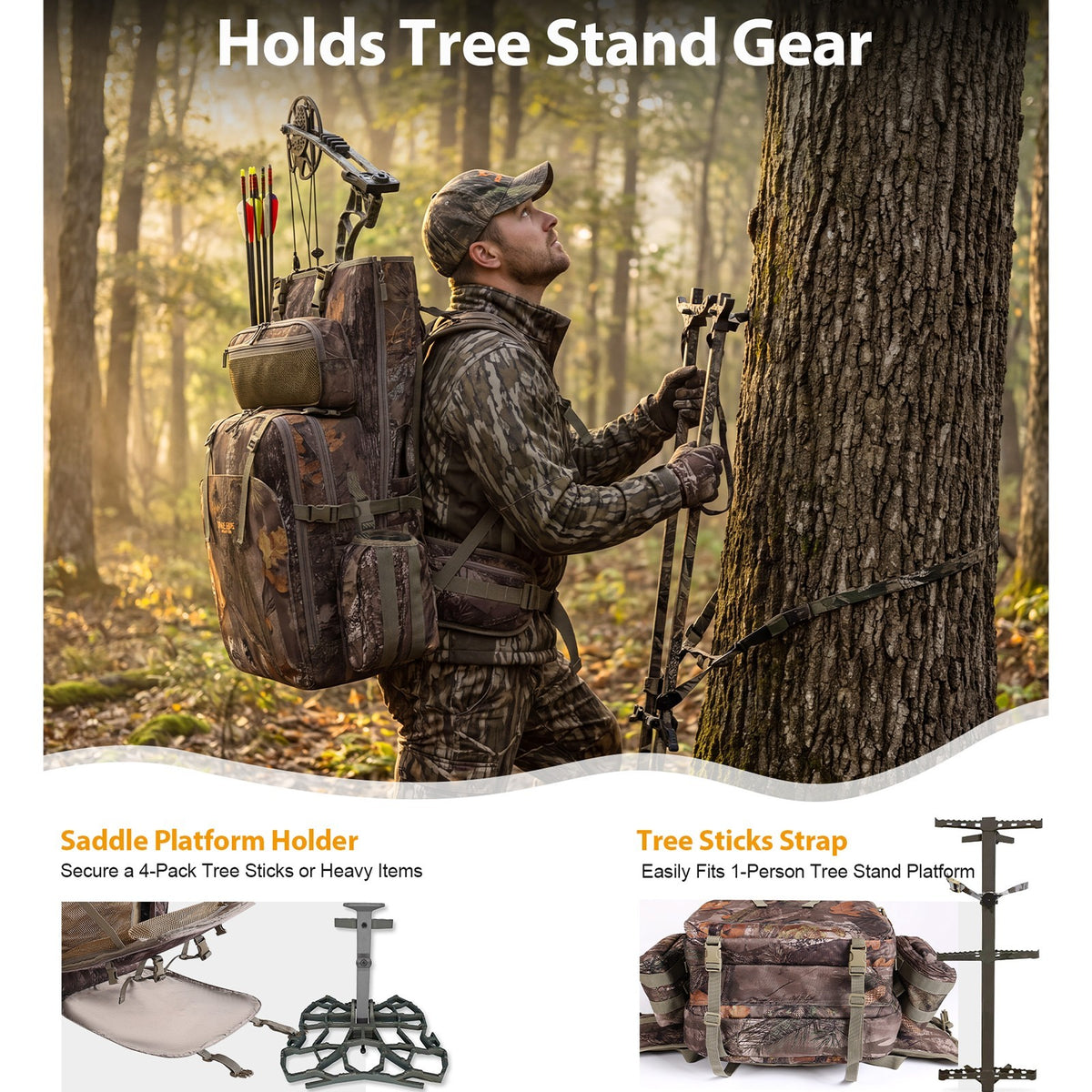 Hunting Backpack with Bow Holder and Quiver | Large Capacity Camo Hunting Bag