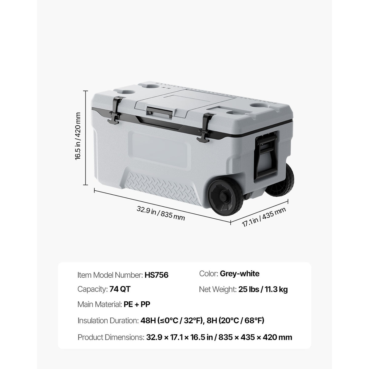 Portable Cooler 74 QT Insulated Wheeled Cooler for 120 Cans, Outdoor Use