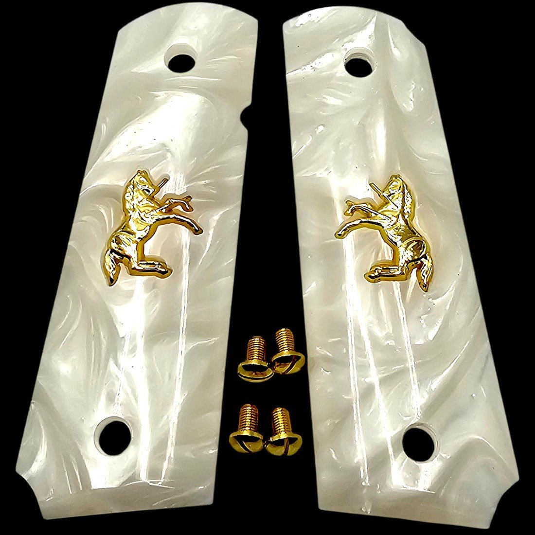 Full Size White Pearl 1911 Grips with Gold Colt Horse Emblem & Screws