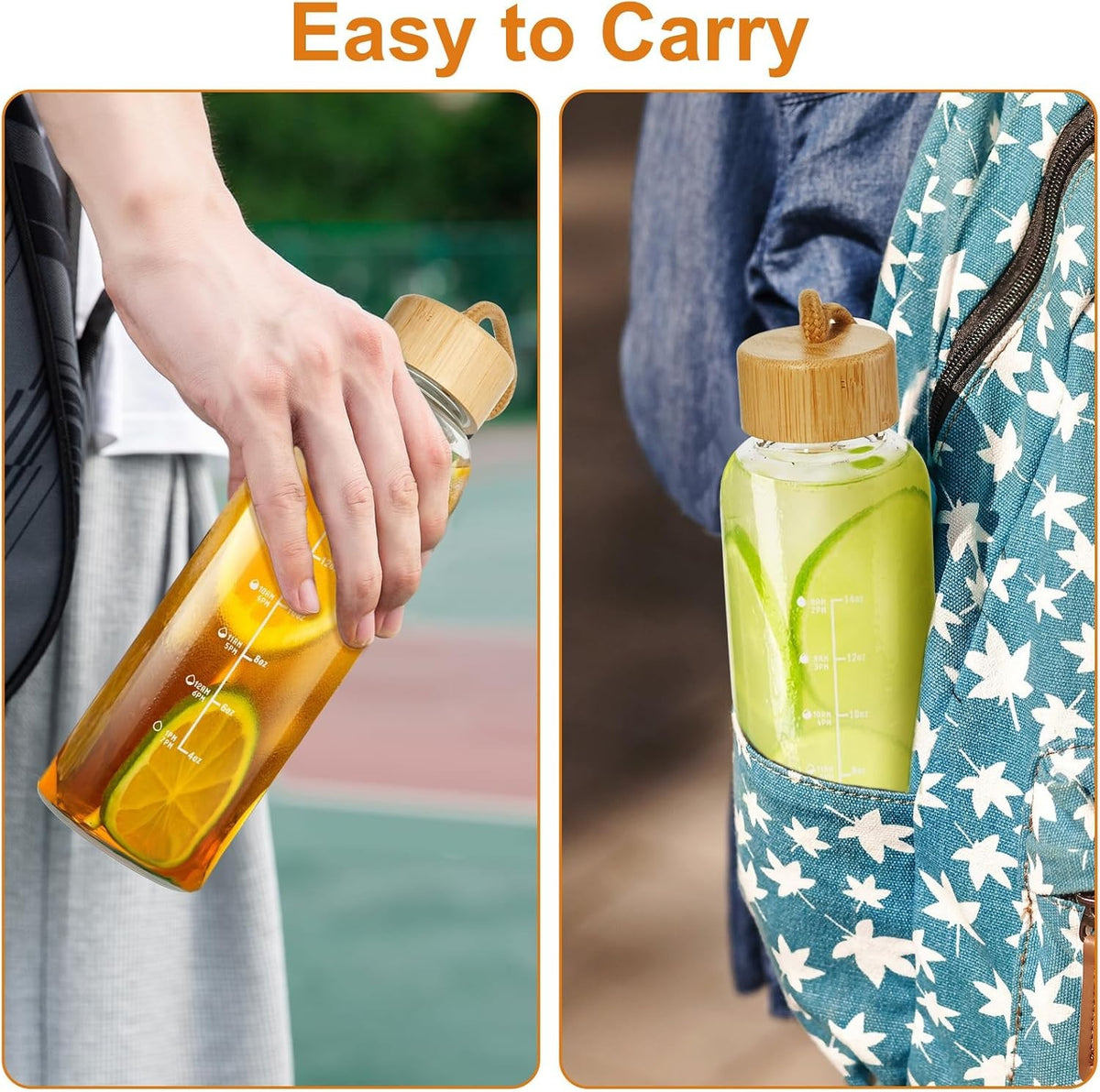 17oz Glass Water Bottle with Time Marker, Leakproof Lid & Strap