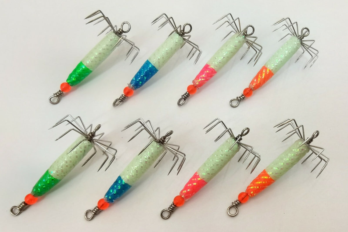 8 Pcs Puget Sound Squid Jig Set - 1/3 oz Glowing Multi-Color Fishing Lures