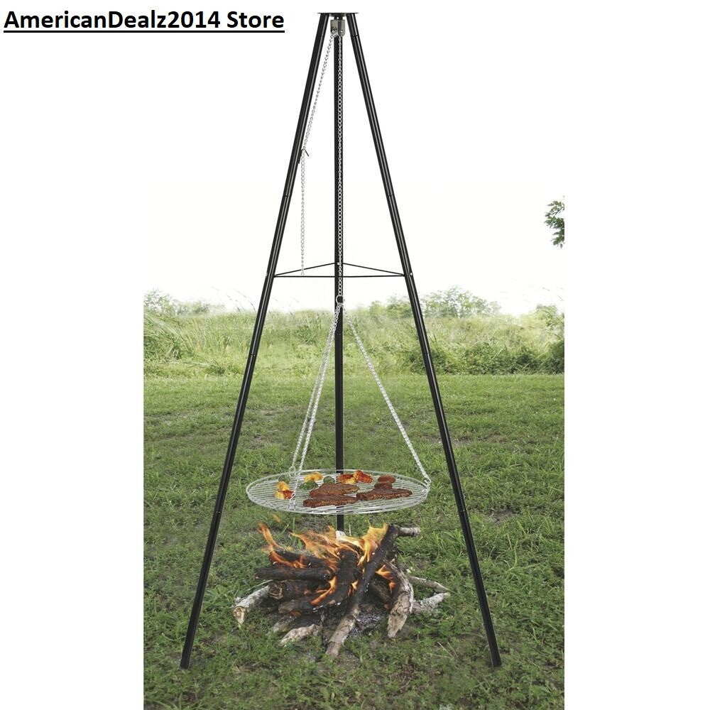 27-Inch Black Steel Collapsible Tripod Cooking Grate for Outdoor Camping Fire Grill