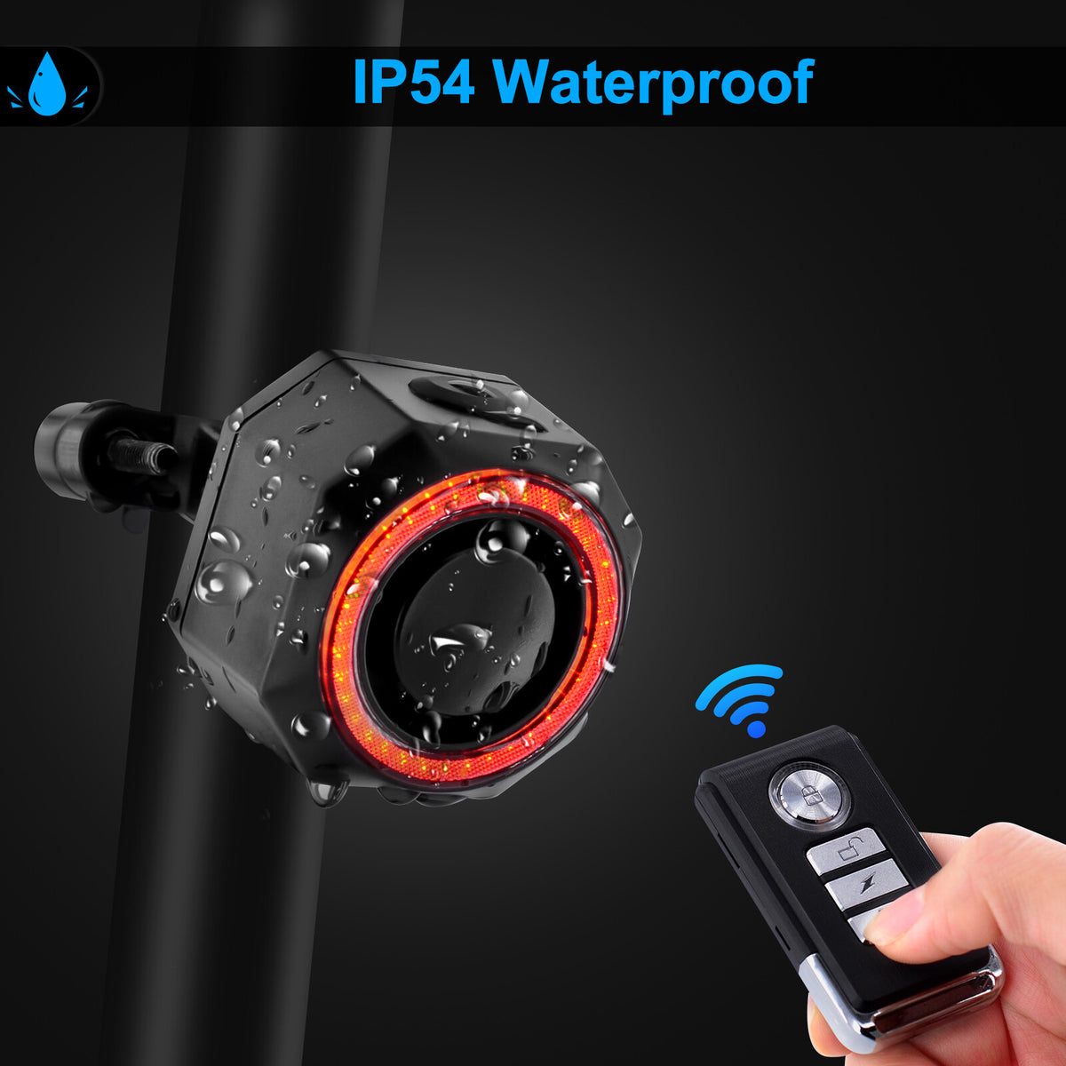 Wireless Waterproof Bike Alarm with Remote & Taillight USB Charging - 115dB