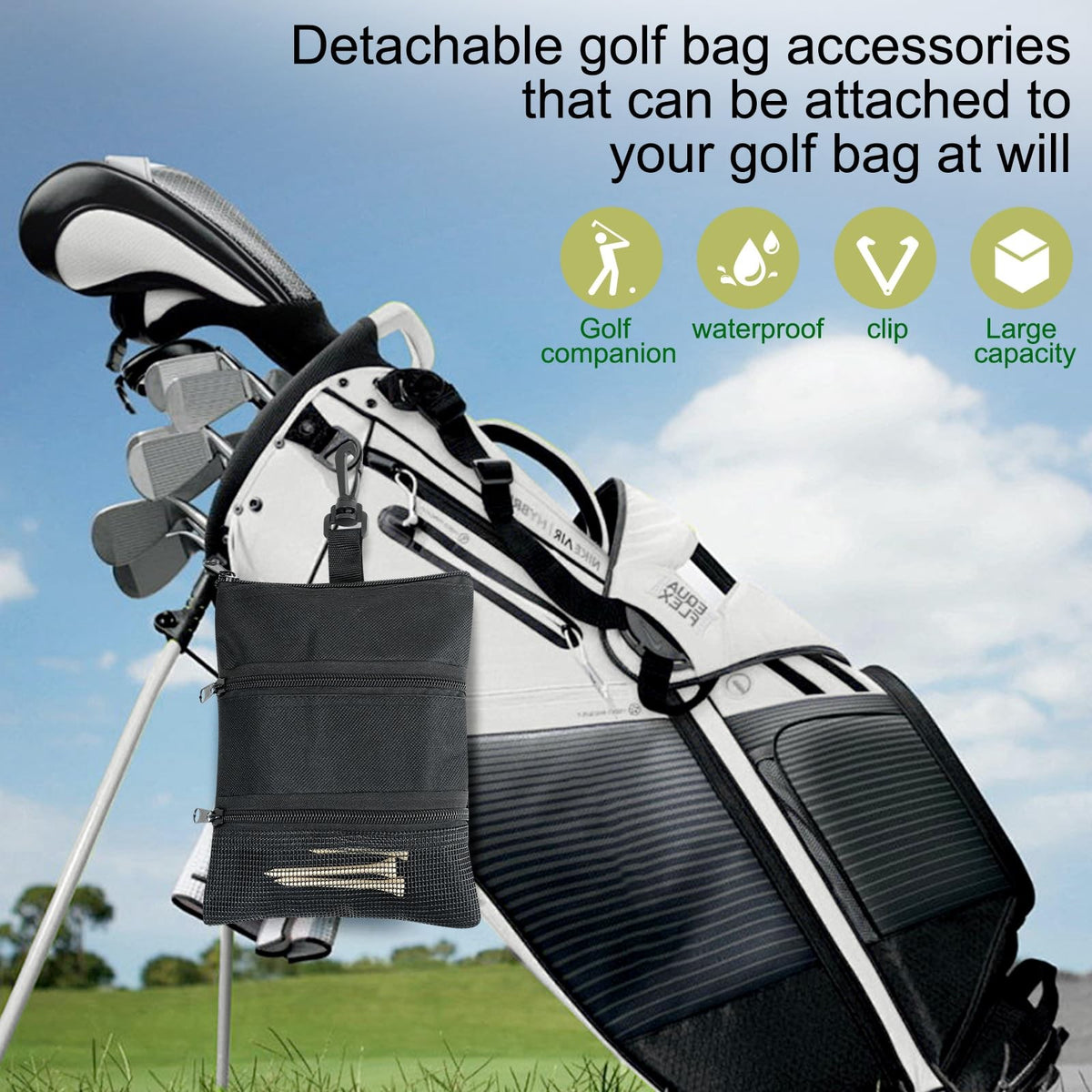 Golf Tee Bag with Pockets and Clip-On Storage for Balls & Accessories