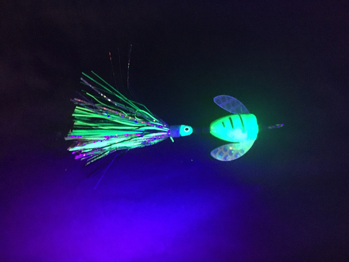 Salmon Trolling Flies & Rig Set with UV Glow Spin N Glo #2 Spinnerbait