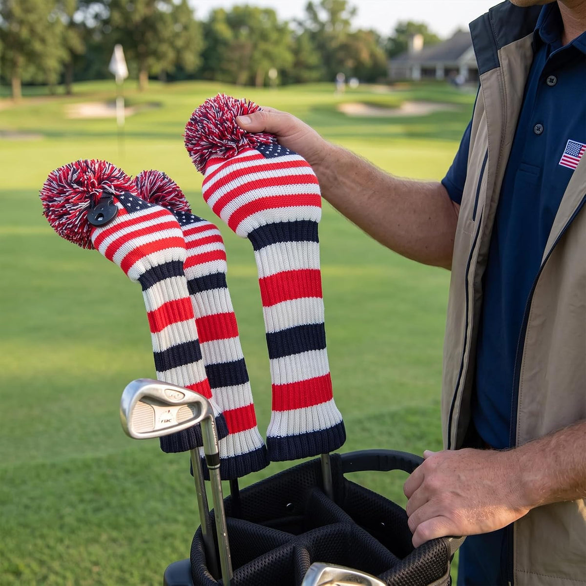 Vintage U.S.A Patriotic Knit Golf Headcover with Pom Pom - Fits Most Drivers & Fairways