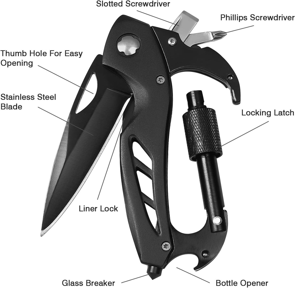 6-in-1 Multitool Carabiner with Pocket Knife, Emergency Glass Breaker, Gift for Men