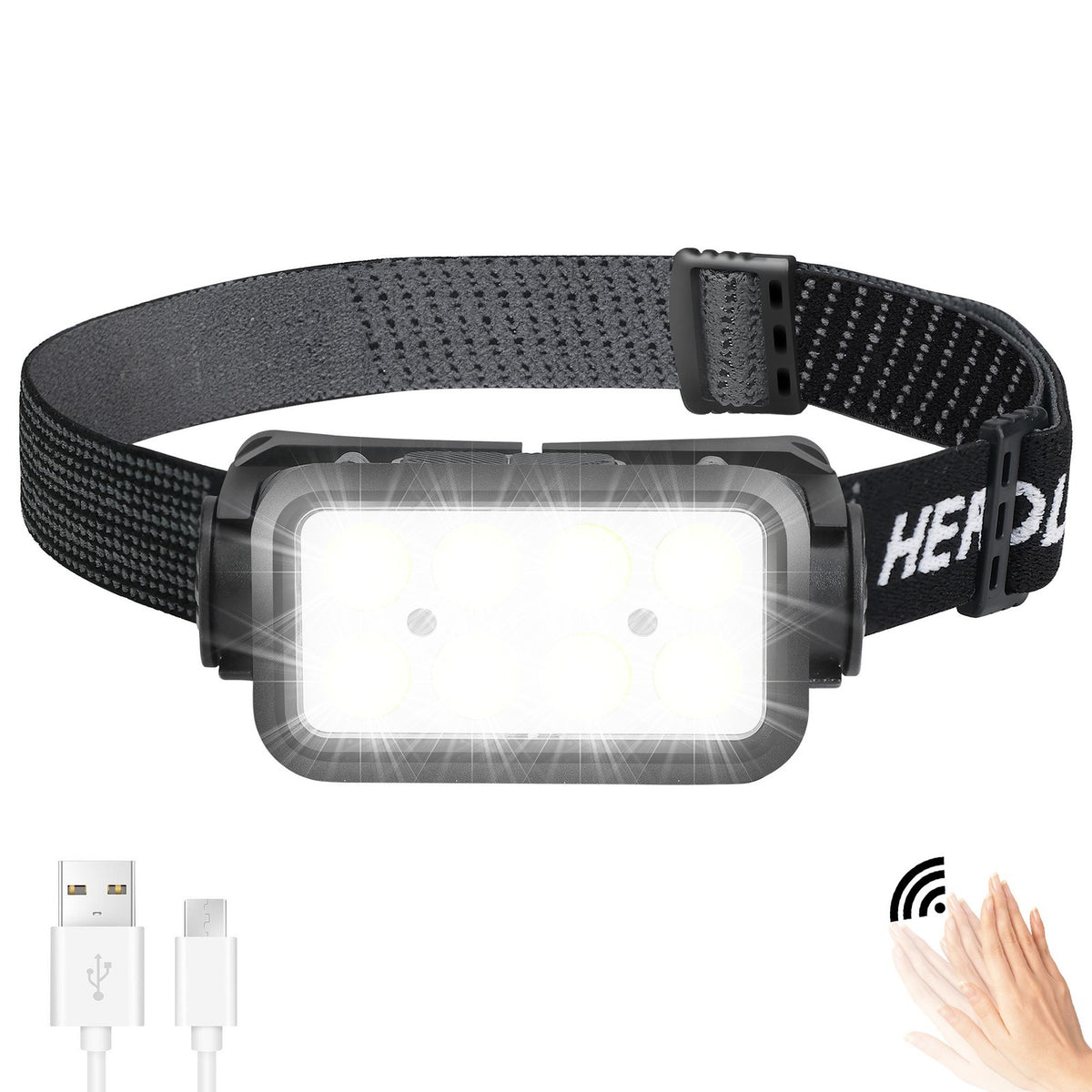 Rechargeable LED Headlamp with Motion Sensor 6000K, 230° Wide Beam, Adjustable Headband