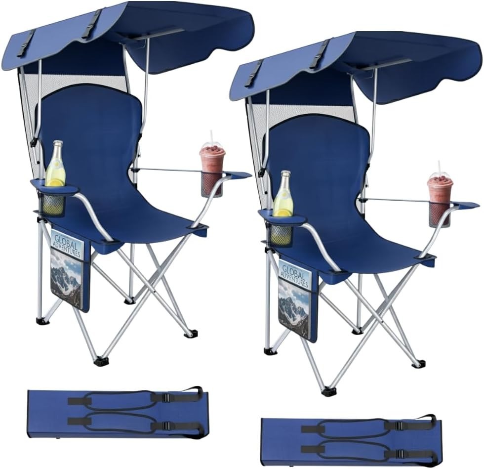 Portable Foldable Camping Chair with Canopy and Sun Shade - Lightweight Outdoor Seating