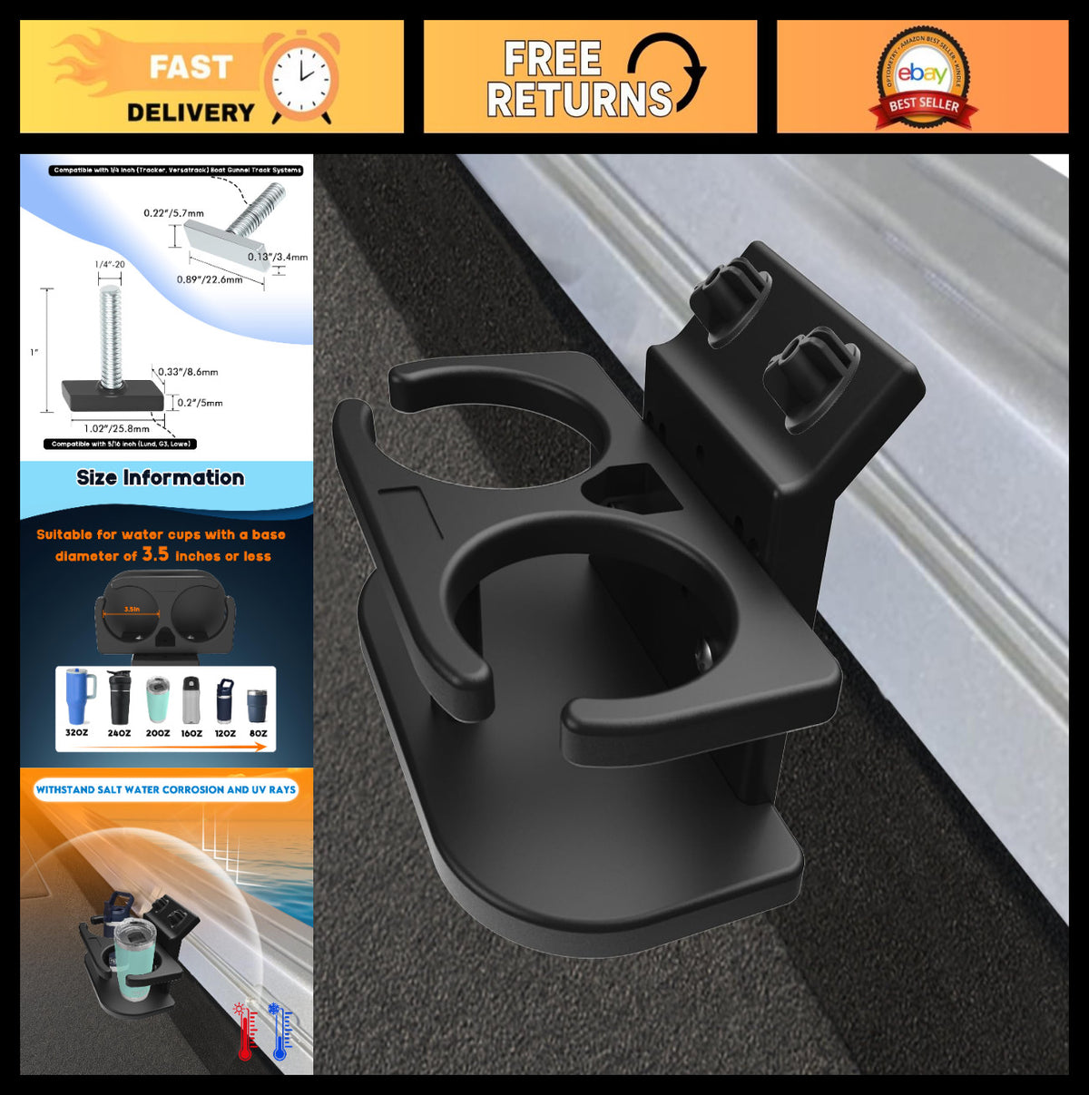 Adjustable Marine Double Boat Cup Holder 45° Track Mount ABS No Drill