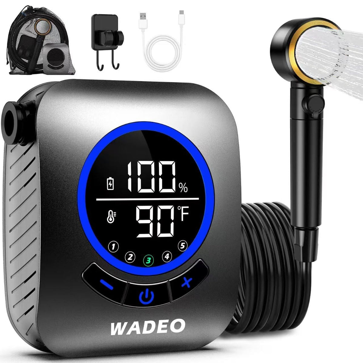 Rechargeable Portable Shower with 8000mAh Battery, 5 Pressure Levels & Digital Display