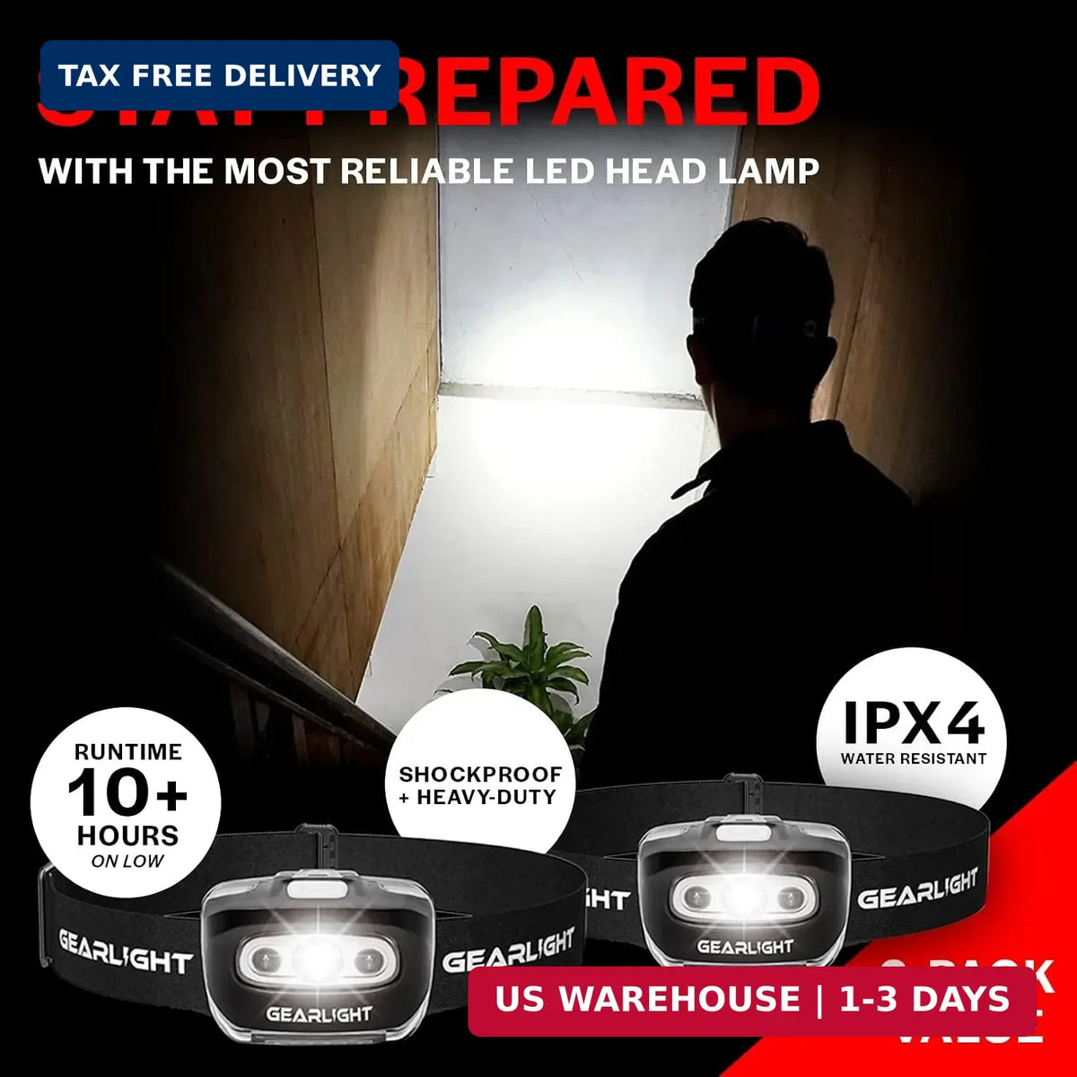 LED Headlamp 2-Pack Battery Powered with Red Light, Adjustable Tilt, Waterproof