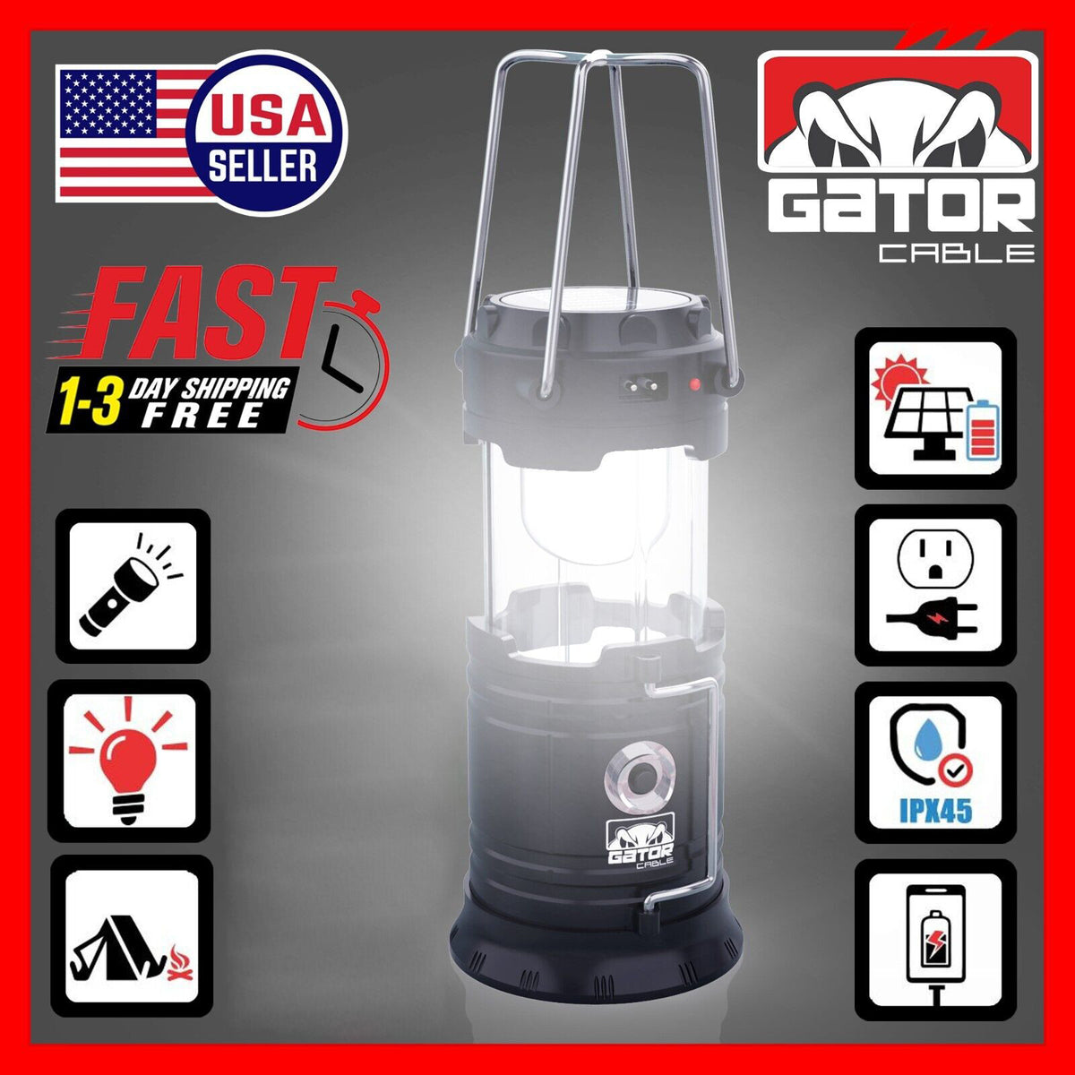 Rechargeable Solar Camping Lantern & Flashlight with Power Bank - 7 LED