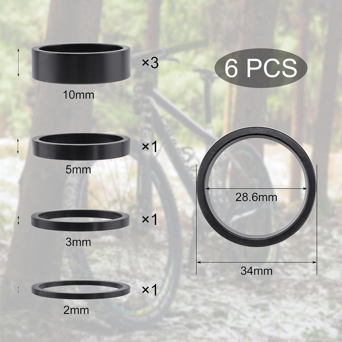 Bike Headset Spacers Set 1-1/8 inch Aluminum Alloy 28.6mm Multiple Thicknesses - Black