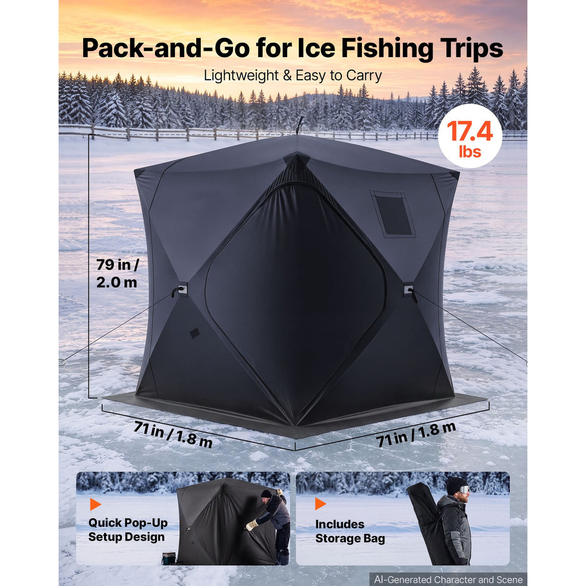 Pop-Up Ice Fishing Tent for 3-4 People - Portable 71x71x79 in Shelter