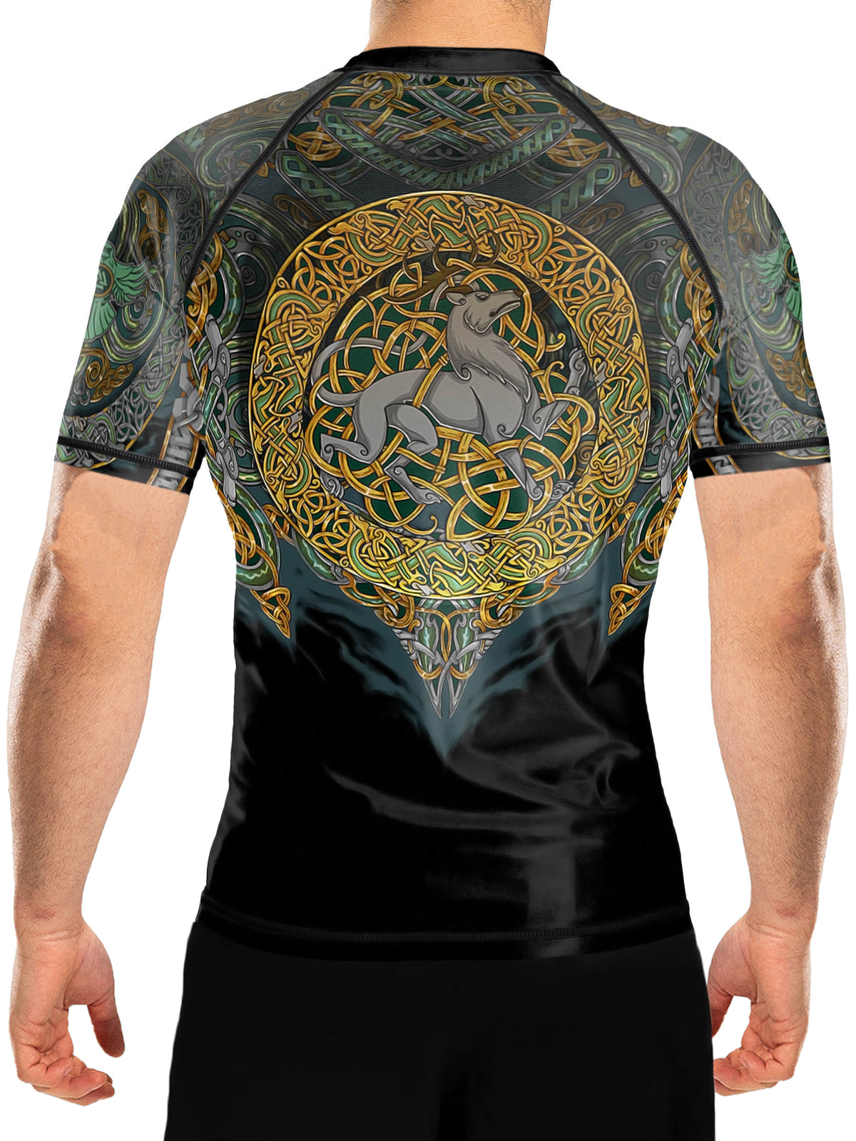 Men's Celtic Rash Guard Short Sleeve MMA BJJ Fightwear - Black Green