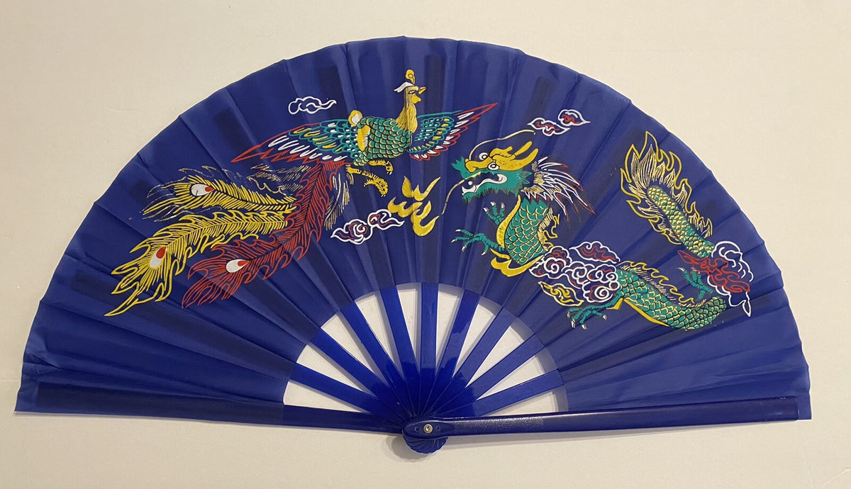 Blue Plastic Kung Fu Tai Chi Training Fan - Dragon & Phoenix Design