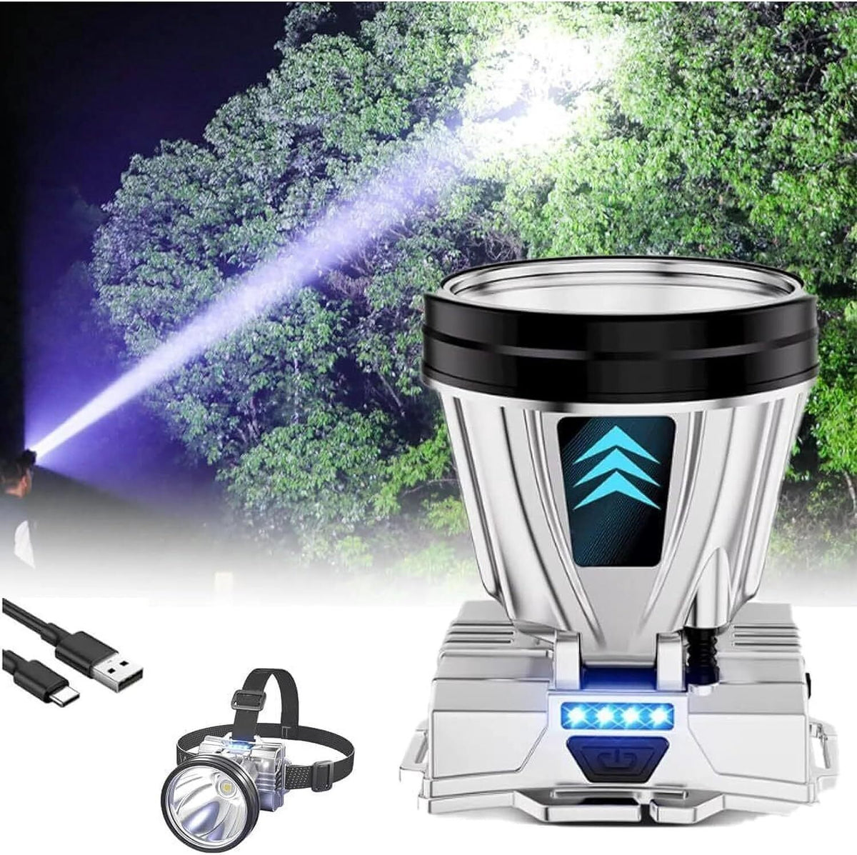 90000 Lumen Rechargeable Headlamp with Sensor Control and 500m Beam