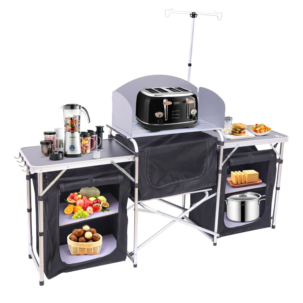 Folding Camping Kitchen Table with Windshield Light Stand & Organizers