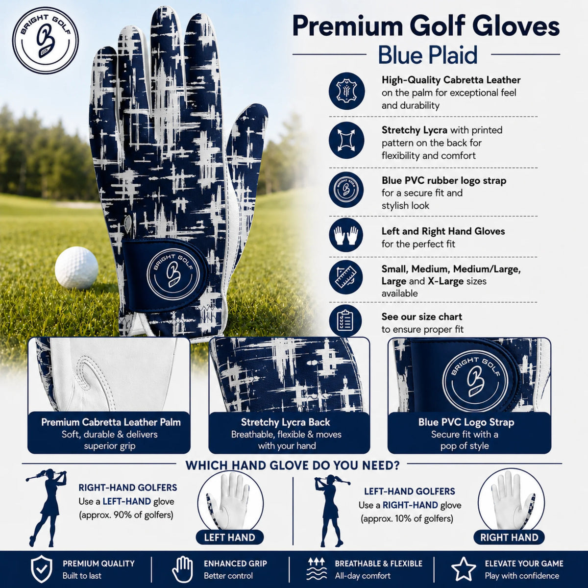 Women’s Blue Plaid Golf Glove - Soft Leather Grip, Breathable Fit, Adjustable Strap