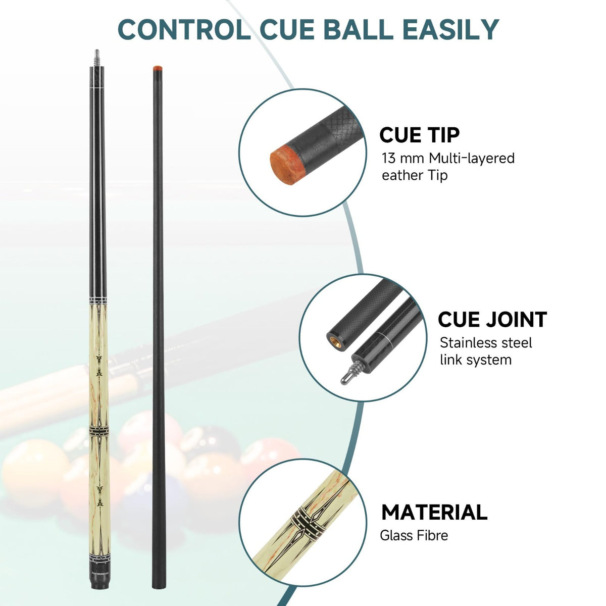58-Inch Glass Fibre Billiard Cue Stick with 13mm Tip – Low Deflection, Two-Piece