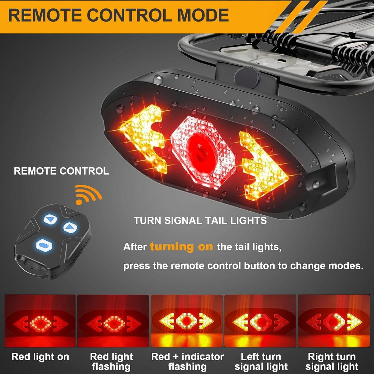 Wireless Bike Tail Light with Turn Signals Remote Control USB Rechargeable