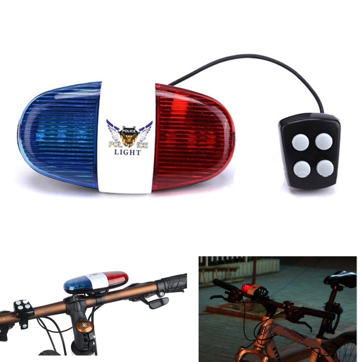 Bike Police Siren Horn with LED Lights Waterproof Bicycle Accessory