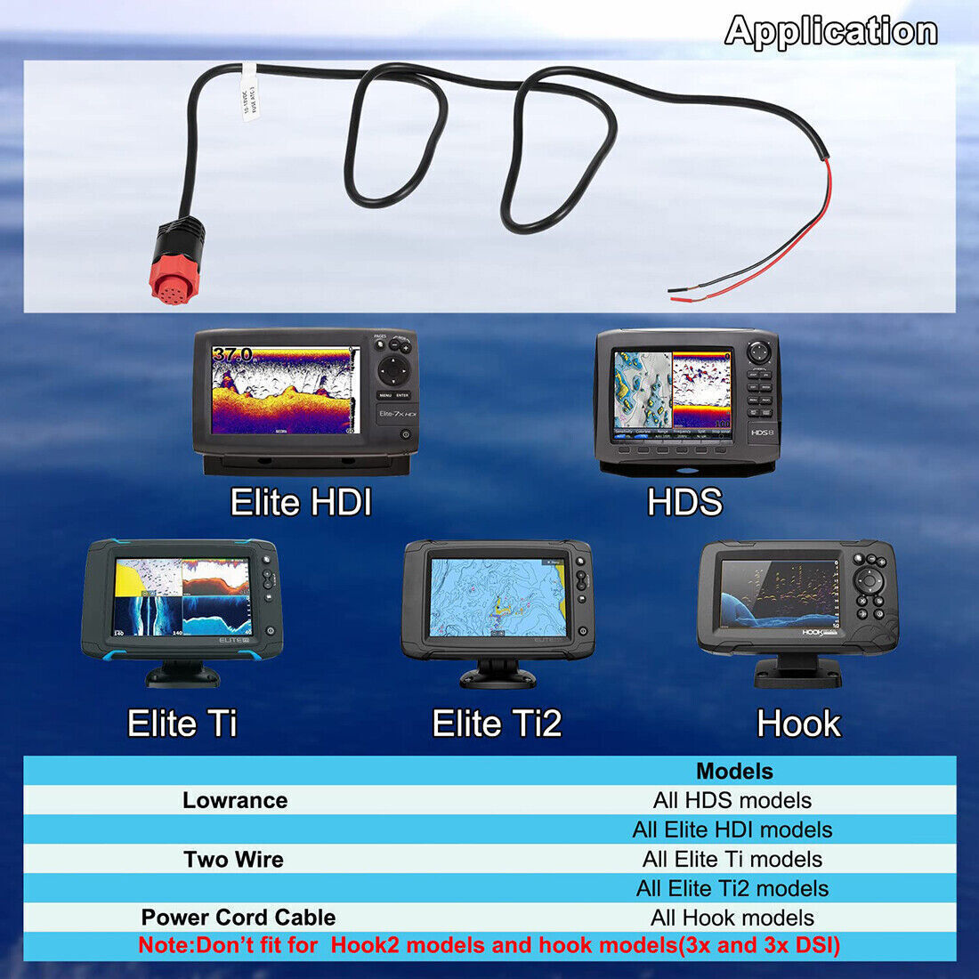2-Wire Power Cable for Lowrance HDS Elite Ti Hook Mark GPS Fishfinder