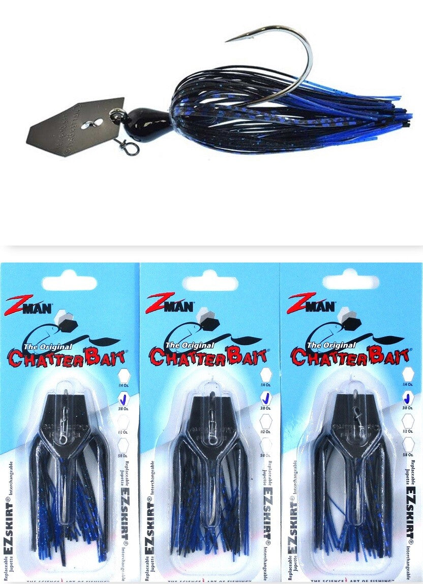 3-Pack Fishing Chatterbait Lures 3/8 Oz Black Blue Nickel Bladed Swim Jig