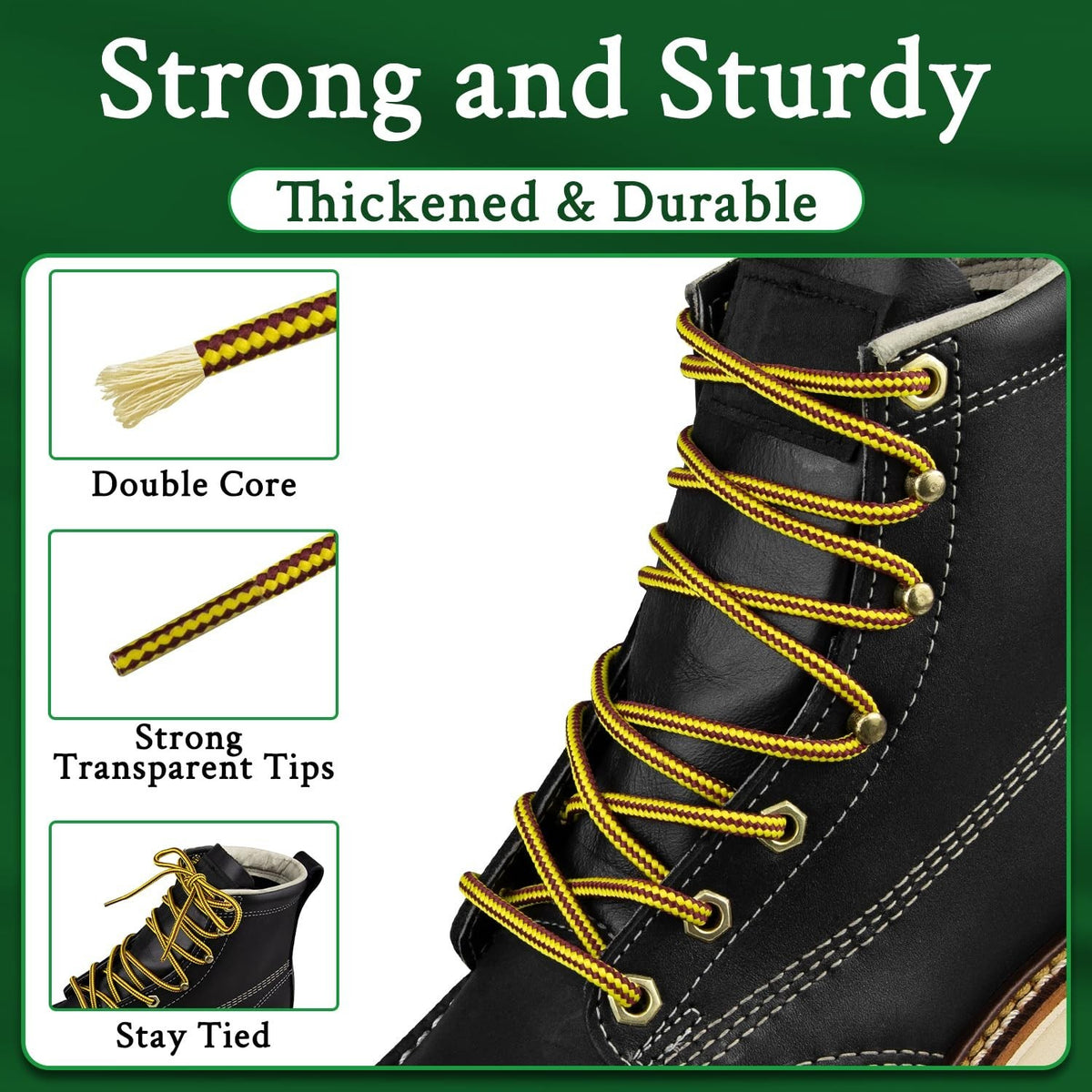Polyester Shoe Laces for Red Wing Boots - 2 Pairs, 72 Inch, Yellow & Brown