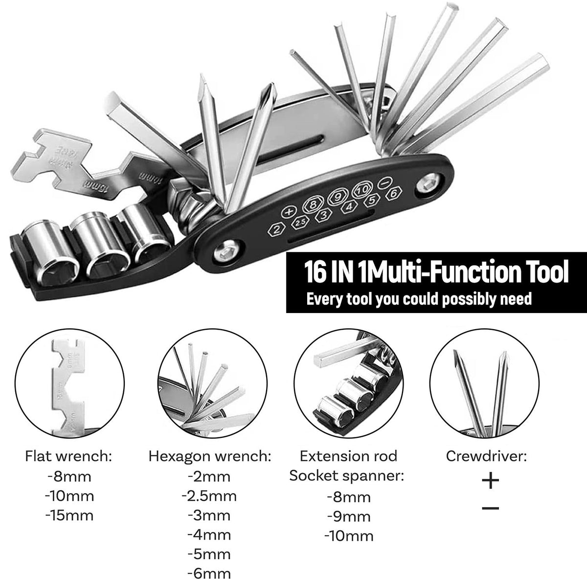 Bike Repair Kit with Water-Resistant Storage Bag 16-in-1 Multi-Tool & Tire Patches