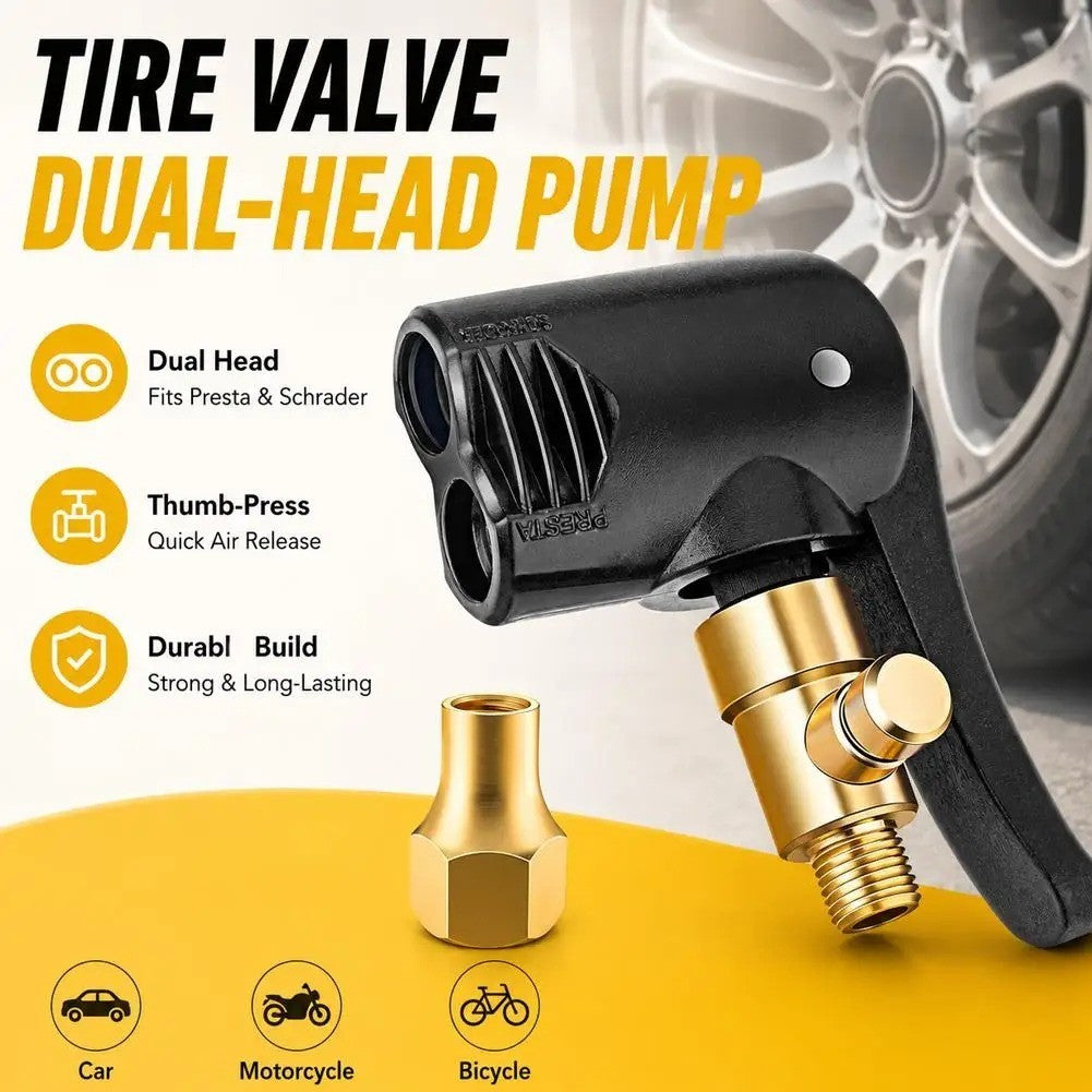 Locking Presta Schrader Bike Tire Air Chuck with 1/4" Nozzle - Dual Head Pump Accessory