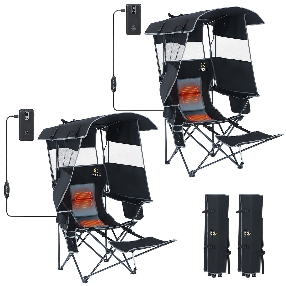 Heated Outdoor Camping Chair with Canopy and Footrest - Portable Shade