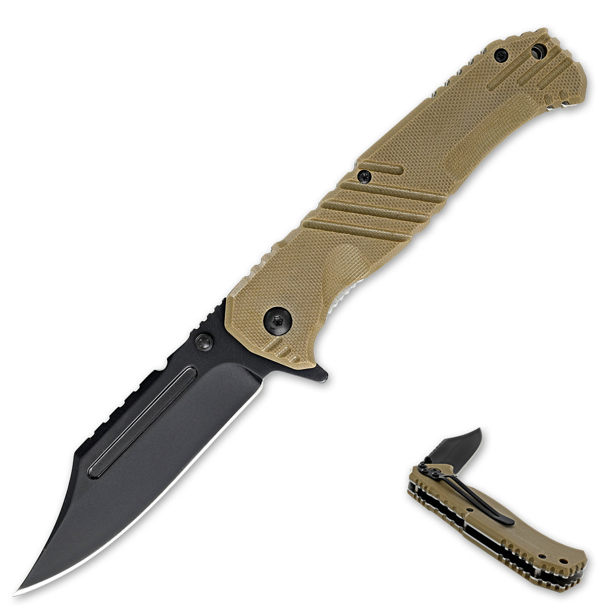 Tactical Black Blade Knife with G-10 Handle, Spring Assist, 8.5 Inch