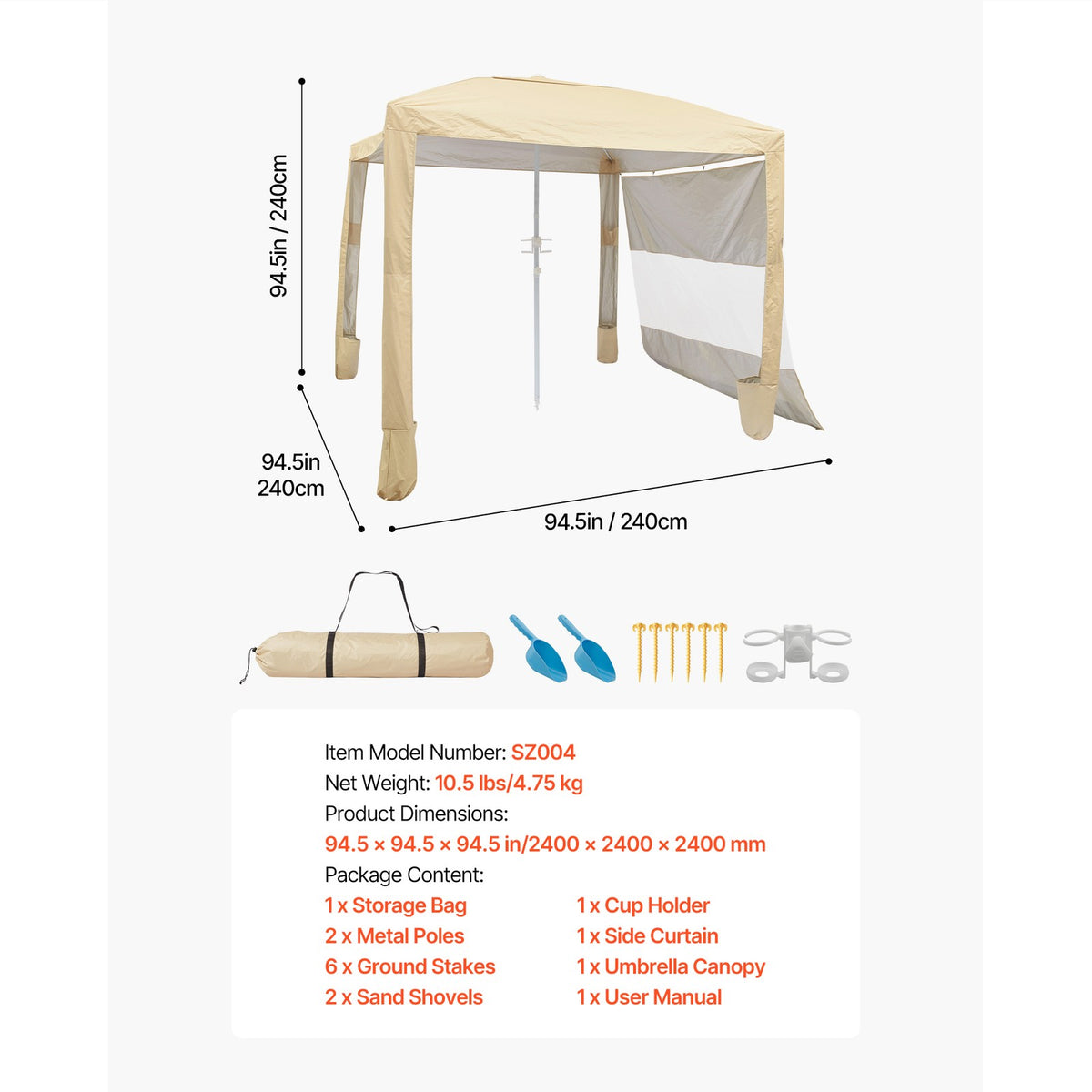 8x8 ft Beach Cabana Canopy with Side Wall and Carry Bag - UPF 50+ Sun Shelter