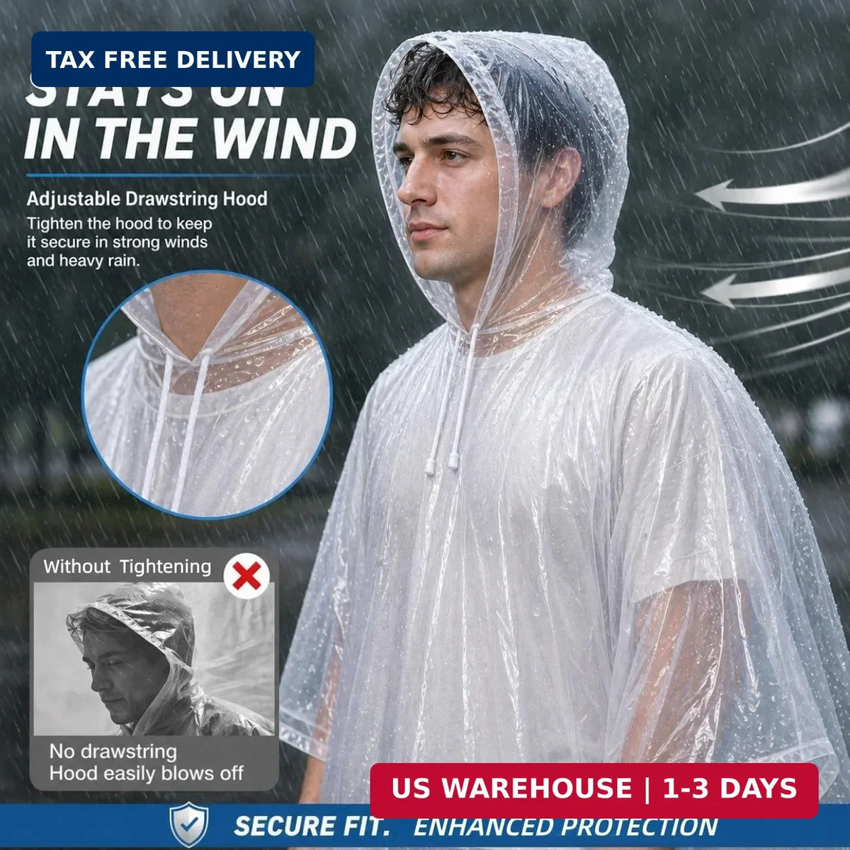 Disposable Rain Ponchos for Adults - Clear Waterproof Emergency Cover with Drawstring Hood