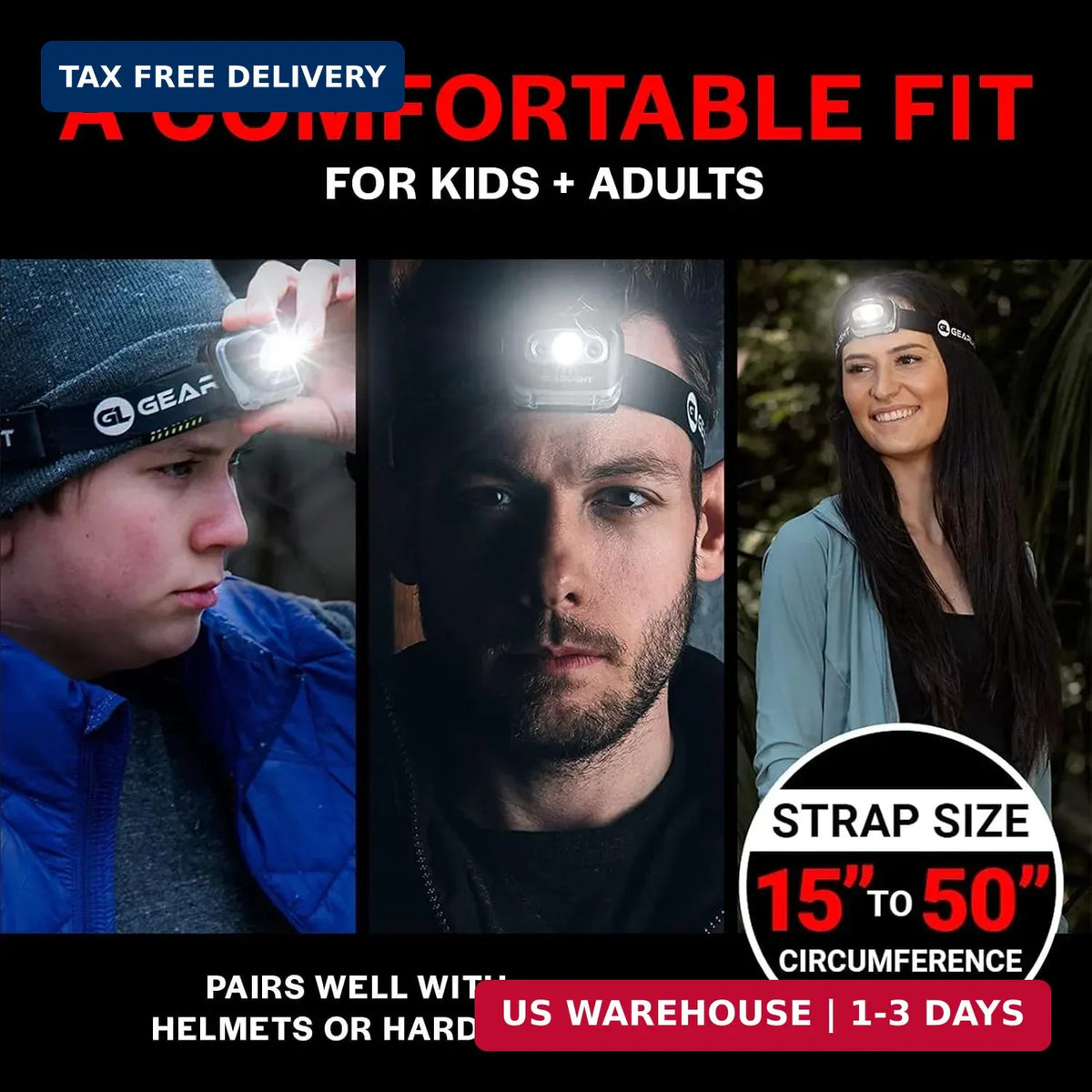 LED Headlamp 2-Pack Battery Powered with Red Light, Adjustable Tilt, Waterproof