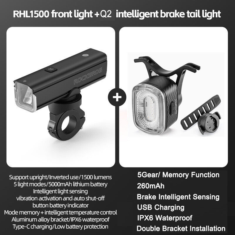 High Brightness Bike Front & Rear Light Set USB-C LED Headlight 1500LM