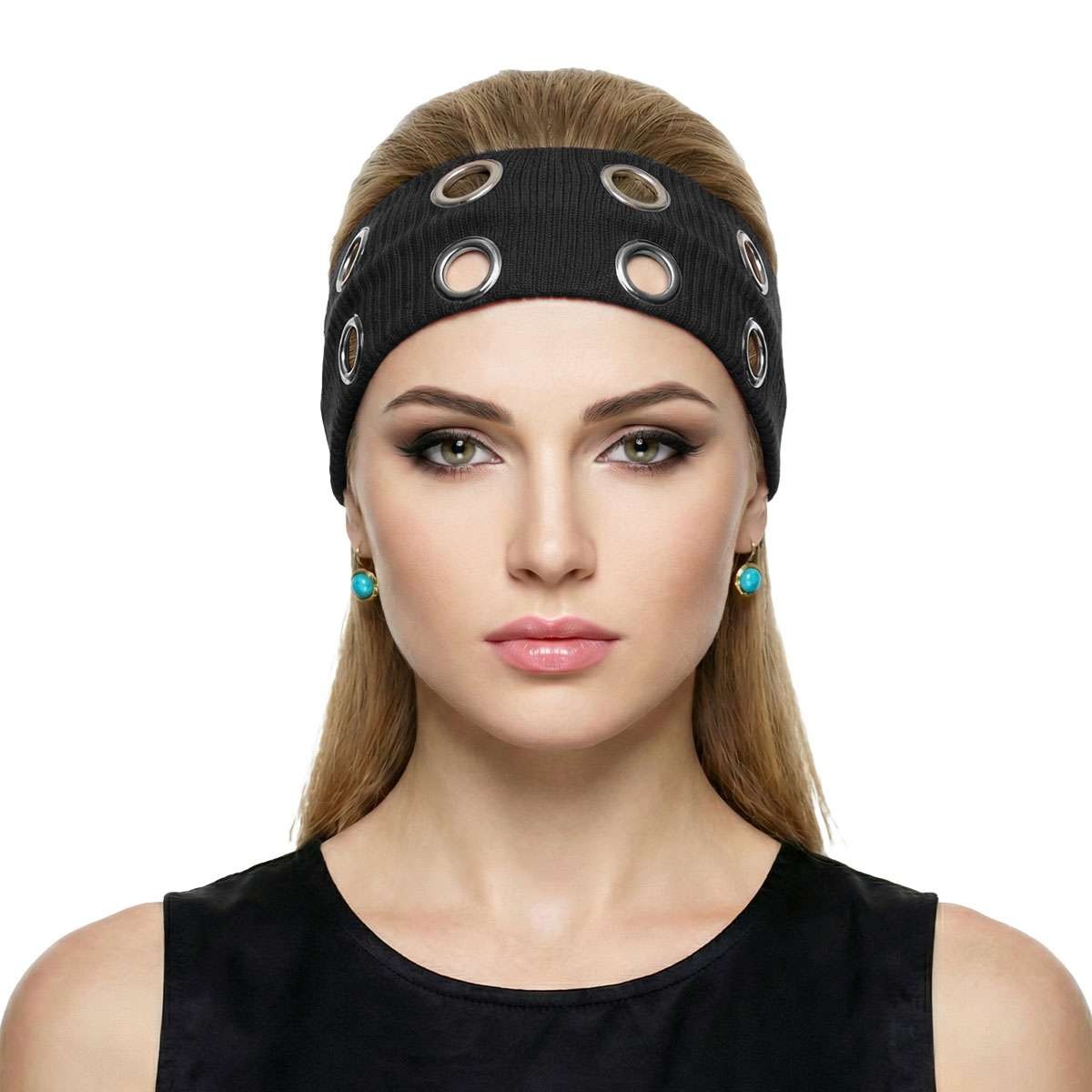 Wide Elastic Hair Band with Metal Grommets - Punk Edgy Headwear